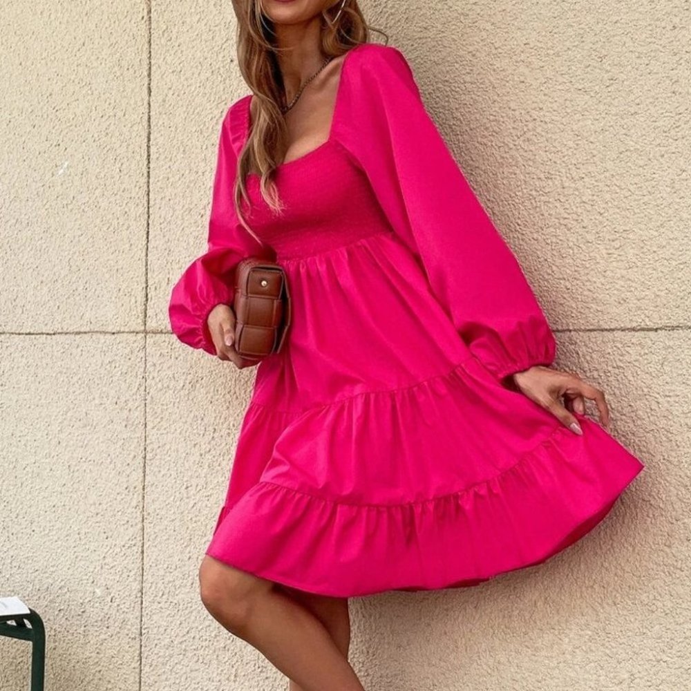 HOT PINK Shirred Lantern Sleeve Ruffle Hem Dress - Picture 3 of 5